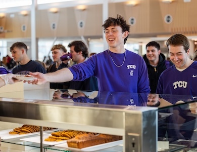 Student grab some food at Gutierrez Hall on the east side of the TCU campus