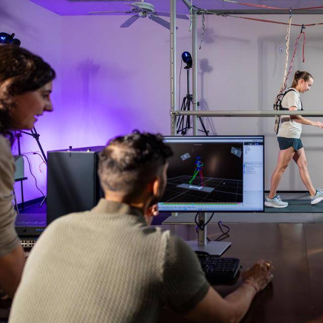 TCU human performance researches conducting research in the locomotor lab